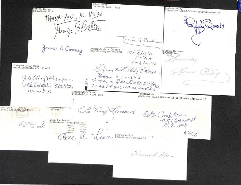 Lot of (15) Signed 1910s Baseball Player Index Cards inc. George Batten, Tracy Baker, Duffy Lewis, James Cooney, Edwin Palmer, Clarence Pickup, + (JSA Auction Letter)